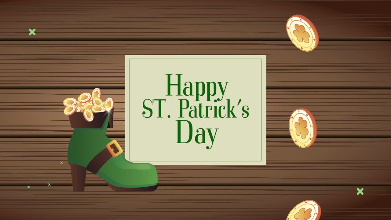 성 패트릭의 날 축하 보물 동전과 함께 부츠 목조 배경
