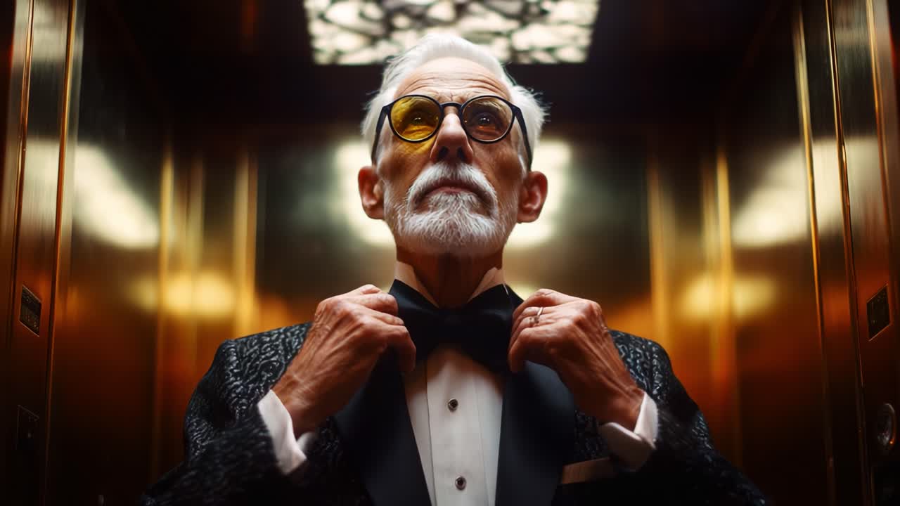 A distinguished gentleman in an elevator, wearing sunglasses and a tuxedo, adjusts his bow tie, projecting elegance and sophistication as he prepares for an important occasion