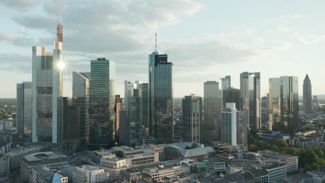 AERIAL:-Beautiful-Frankfurt-am-Main,-Germany-Cityscape-in-Soft-Summer-Afternoon-light-with-Green-Trees-with-Empty-Streets-due-to-Coronavirus-Covid-19-Pandemic-in-June-2020