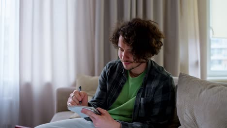 confident guy with curly hair in a plaid shirt takes notes with a pen and notepad while watching a video on the couch at home
