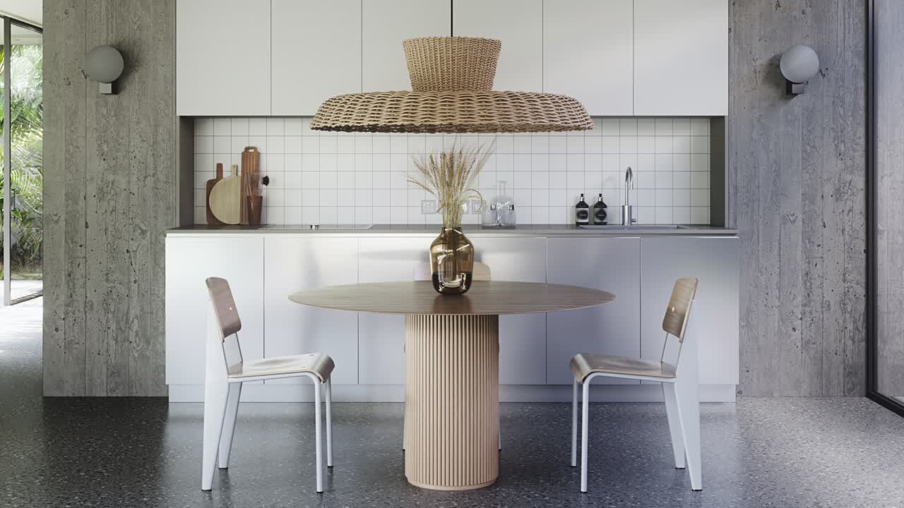 Interno di cucina in una casa di campagna con stile loft e tavolo per due