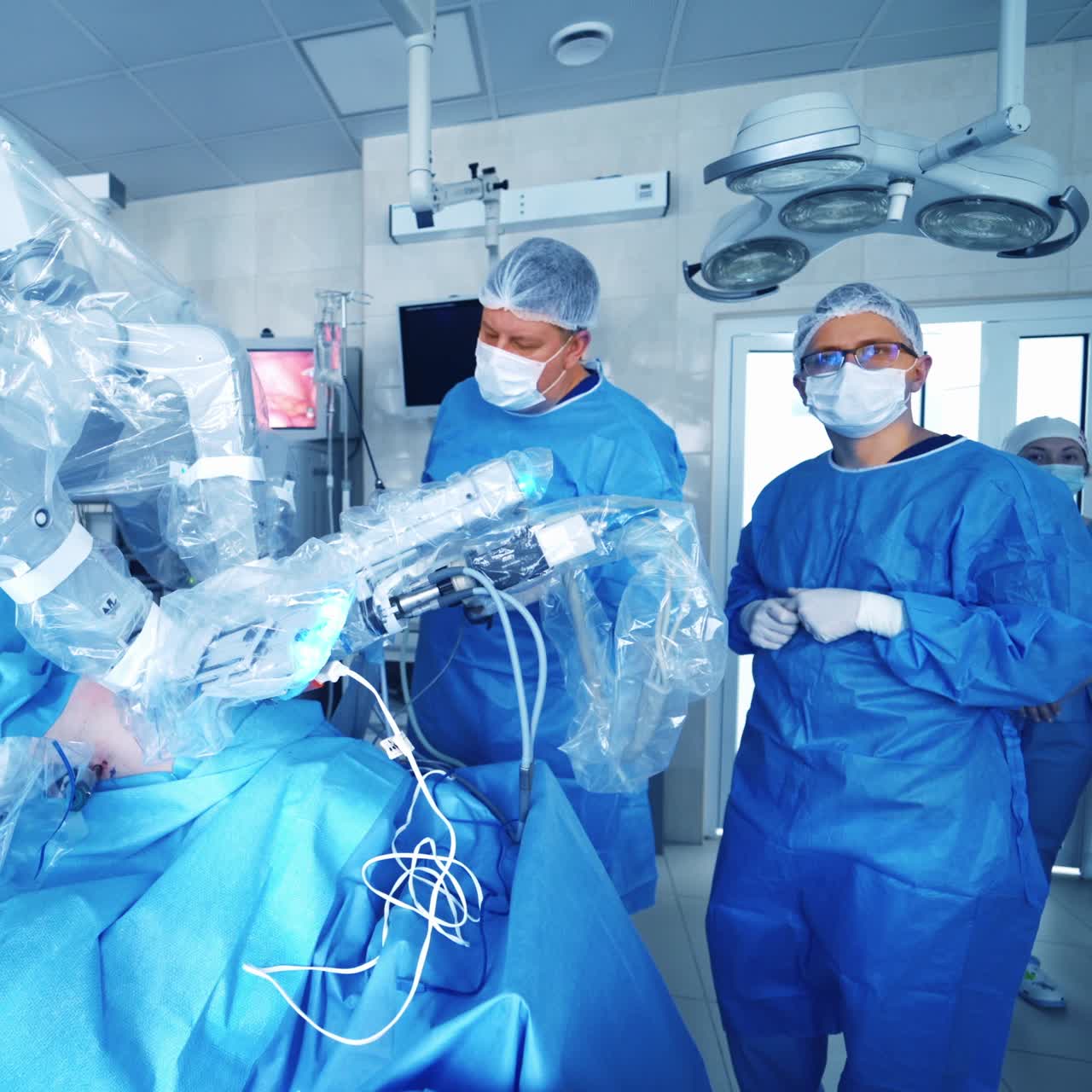 Group of surgeons look at robotic operation. Modern medical equipment in the operating room. Minimally invasive robotic surgery.