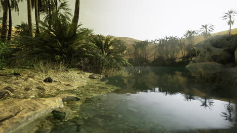 refreshing oasis surrounded by palm trees in a desert landscape