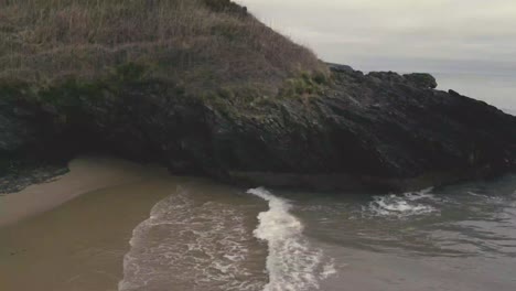this drone shot moves into an overhead shot of a seal making their way into the ocean. the sea rushes its waves onto the sandy beach as a rocky short cliff sits in the background
