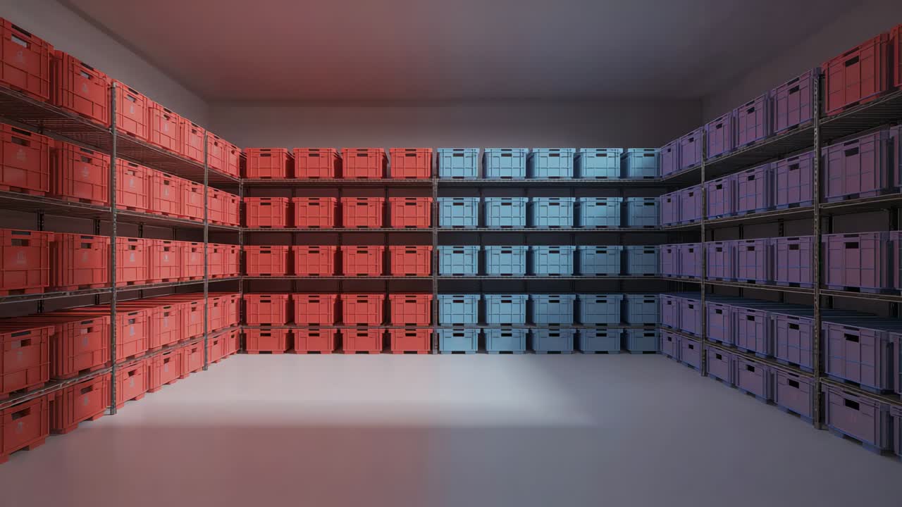 Shifting lights causing stacked plastic crates on metal racks showing tint shifts in storage room