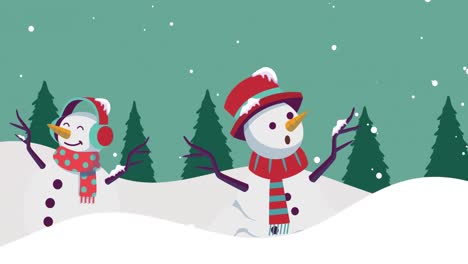 Animation-Einer-Weihnachtlichen-Winterlandschaft-Mit-Schneemännern-Und-Fallendem-Schnee