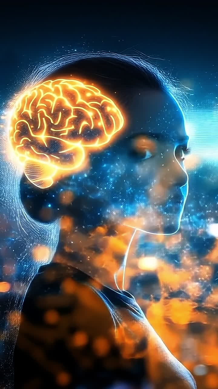 Illuminated brain at night. A woman is portrayed with a glowing brain graphic, highlighting intelligence amidst a nighttime city backdrop.