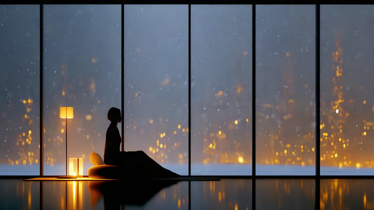 A serene perspective of a person meditating by a window, framed by a glowing cityscape, where glowing lights mingle with falling snow, creating a tranquil and reflective atmosphere