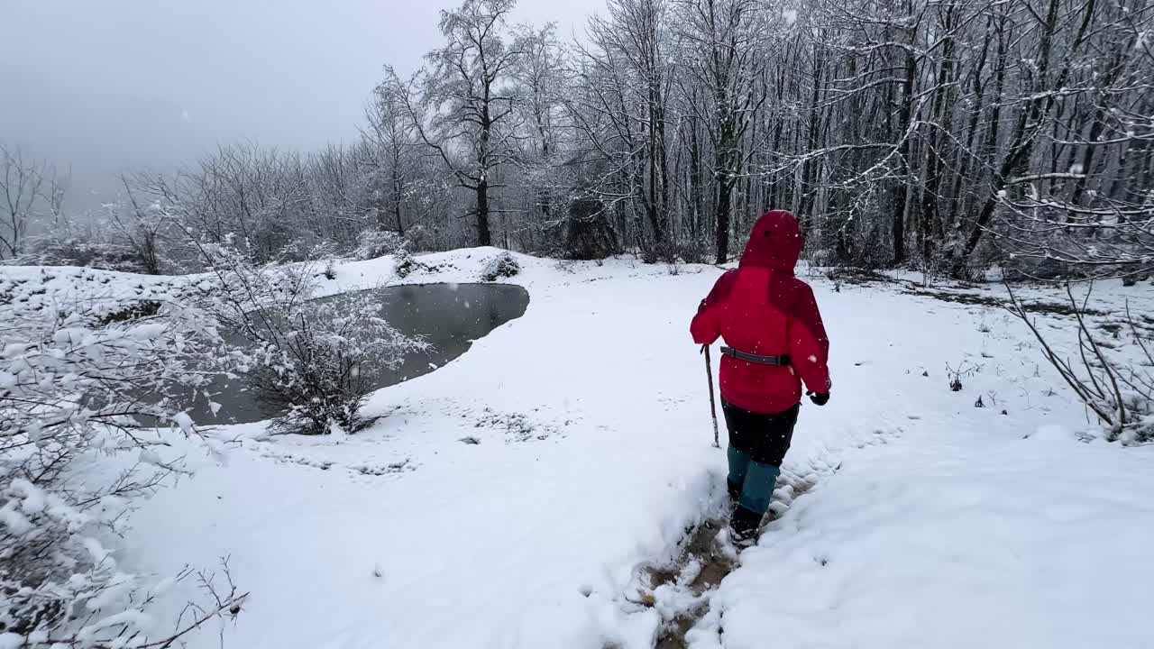 Woman hiking adventure in winter skating on frozen lake forest by heavy snowfall in countryside wearing red jacket mountain outdoor the scenic landscape Hyrcanian Iran peaceful nature freezing pond