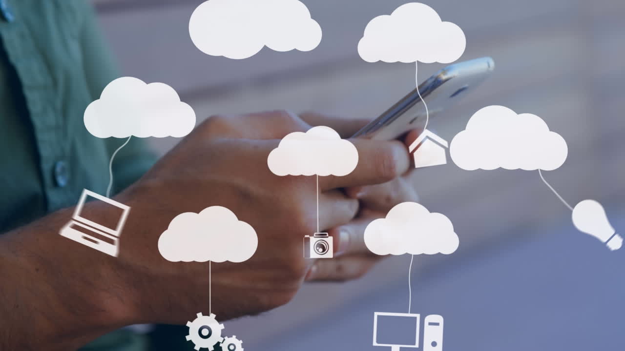animación de nubes e iconos de medios sobre el hombre usando un teléfono inteligente