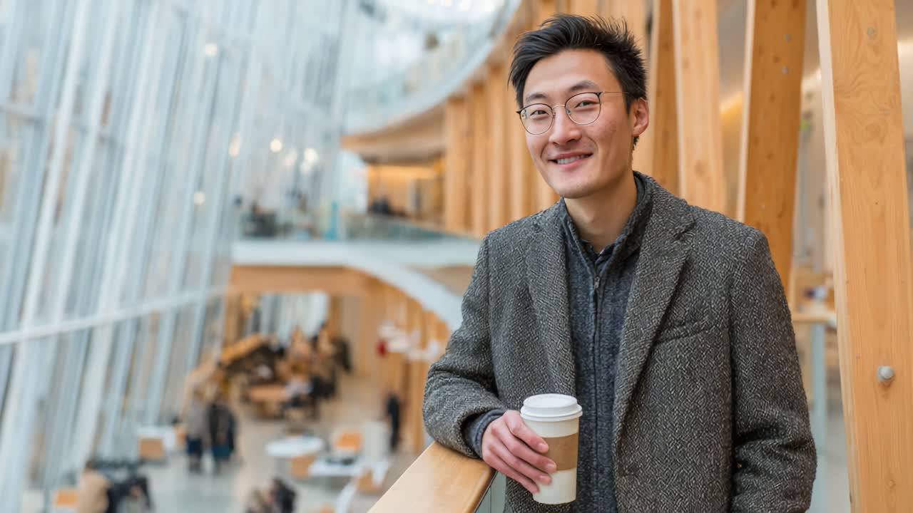 A Young Man Enjoys His Coffee in a Modern Architectural Space, Showcasing Natural Light and Contemporary Design, Radiating Confidence and Approachability