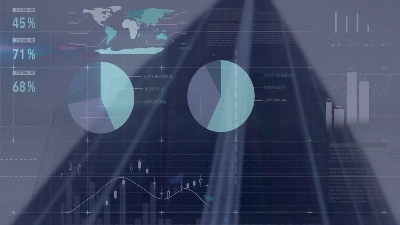 Animation of financial data processing over city