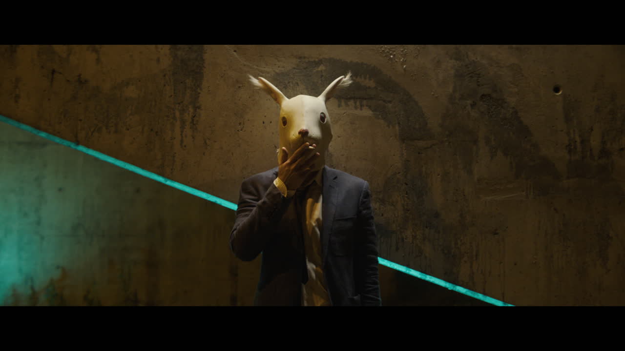 Man in a rabbit head mask