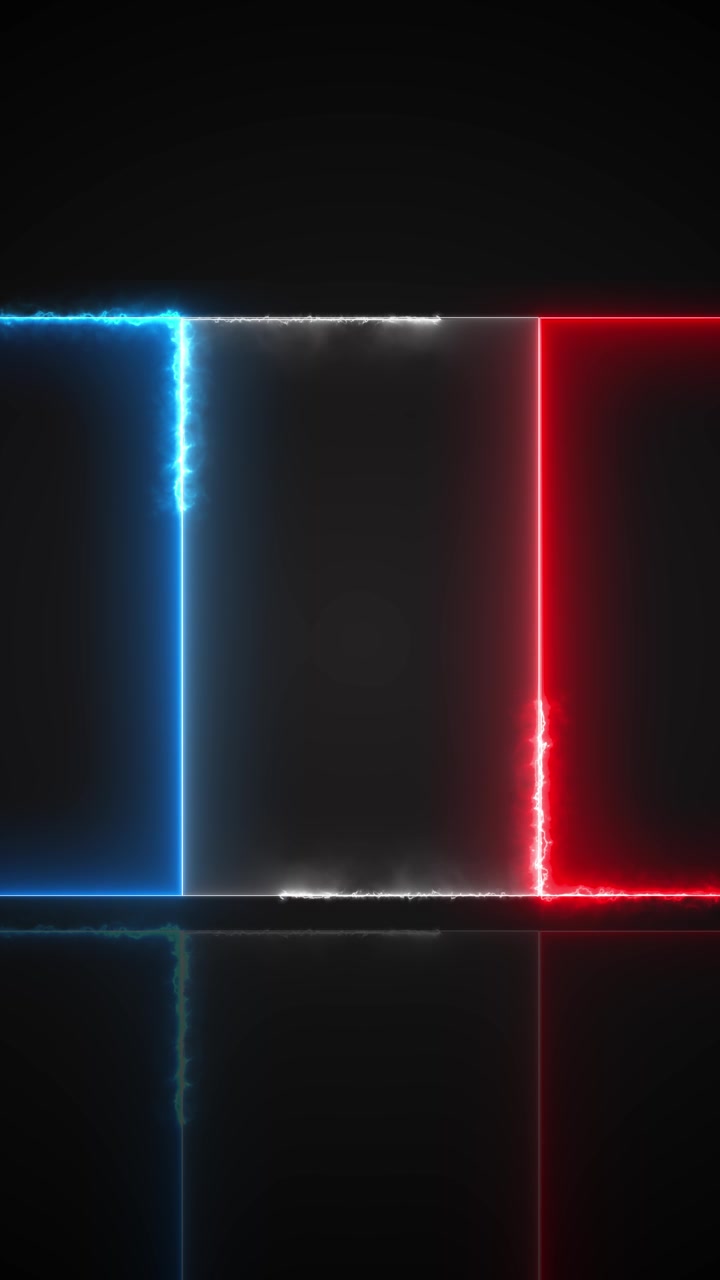 Red blue electric frame background with three glowing panels dark glossy surface and intense neon