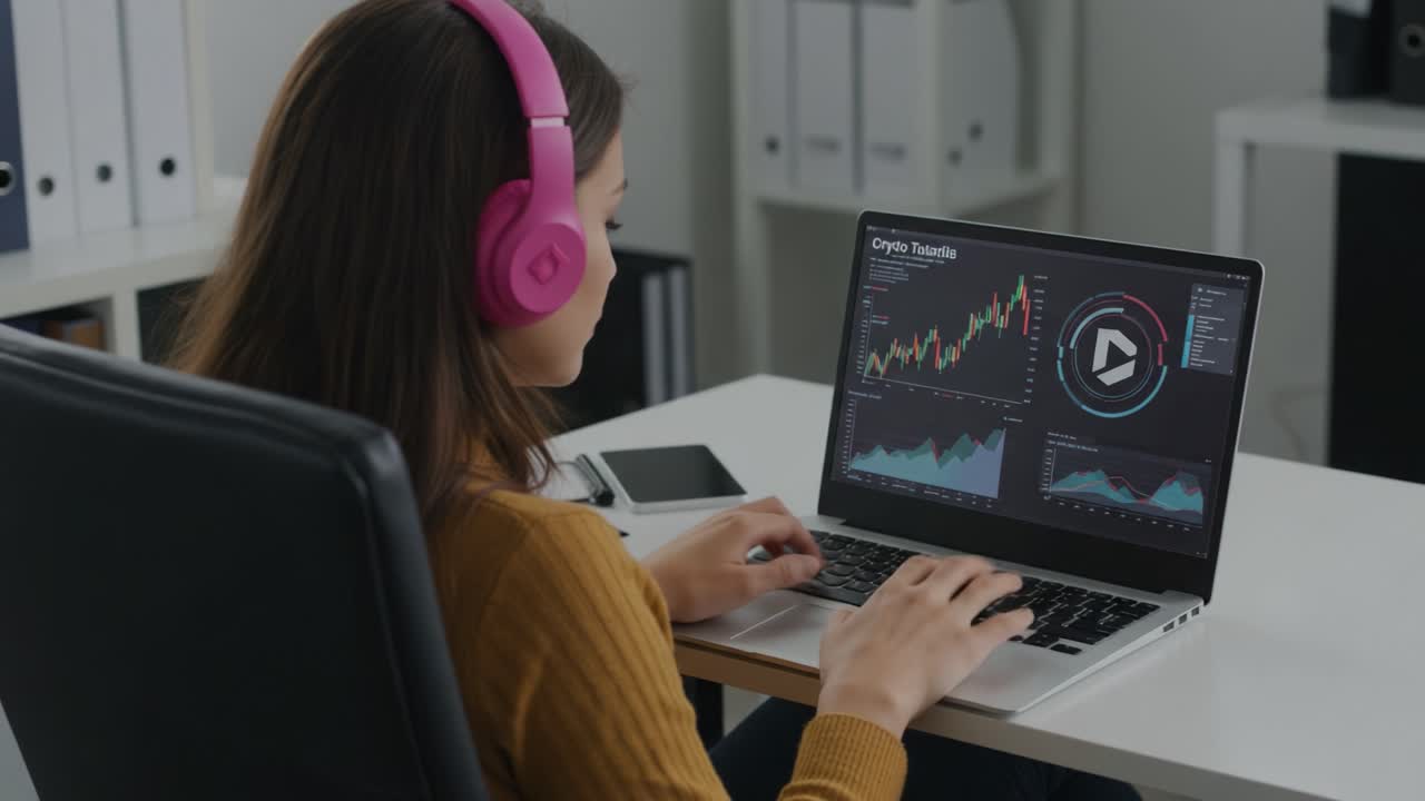 A focused individual analyzes cryptocurrency trends and data using a laptop, wearing pink headphones in a contemporary workspace designed for productivity and digital finance insights
