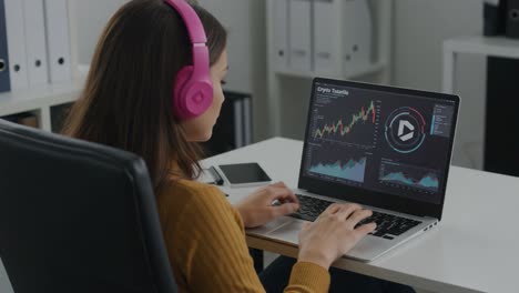 a focused individual analyzes cryptocurrency trends and data using a laptop, wearing pink headphones in a contemporary workspace designed for productivity and digital finance insights