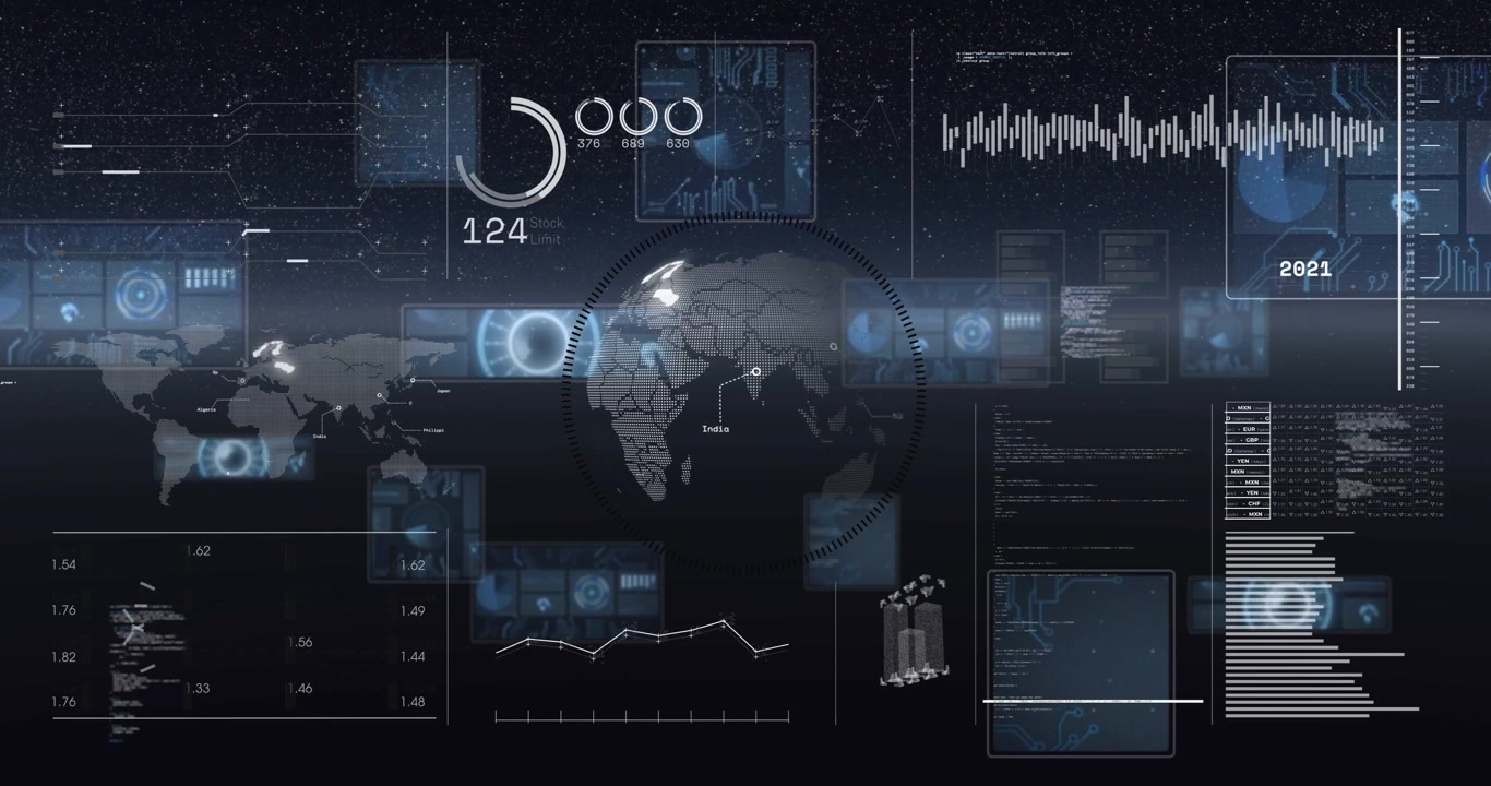 Global HUD activating circular scan, updating globe highlights and refreshing charts for technology