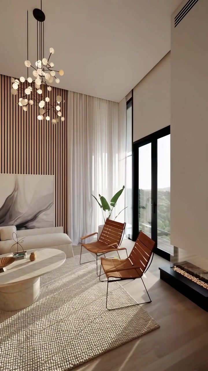 Interior de sala de estar moderna con muebles minimalistas y chimenea