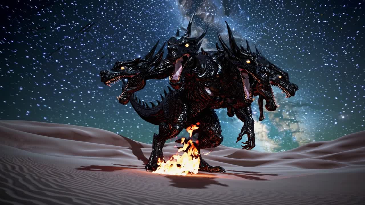 다섯 개의 머리가 있는 신화적 용은 어두운 사막 풍경을 떠돌아다니며, 반이는 별빛 하늘 아래에서 위협적인 실루을 아내며, 강력한 초자연적인 존재를 방출합니다.