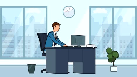 flat cartoon businessman happy character workplace near computer office animation