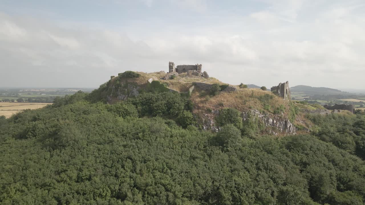 아일랜드 dunamaise에 있는 dunamase 폐허의 역사적인 바위에 있는 시골 들판