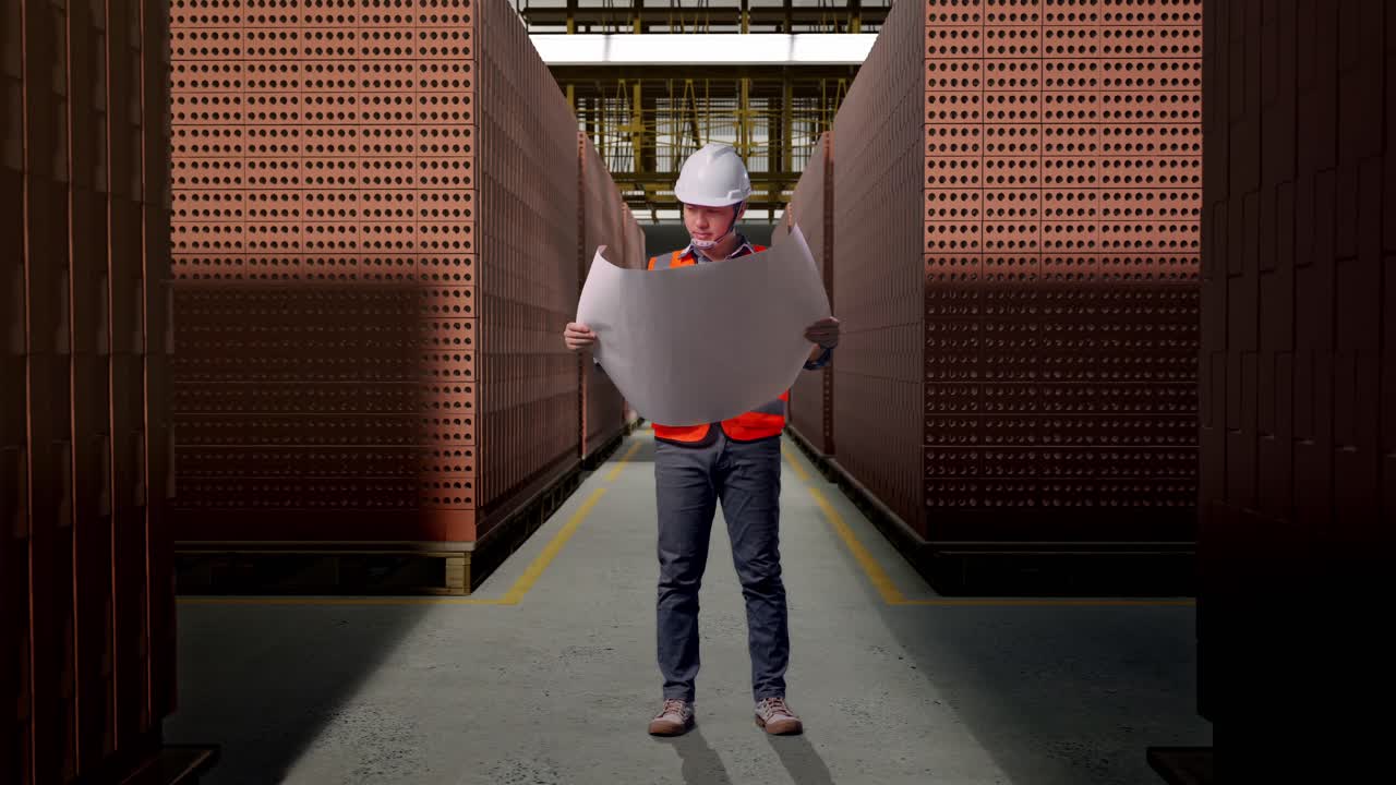 Full Body Of Asian Male Engineer With Safety Helmet Looking At Blueprint In His Hands And Looking Around While Standing With Red Brick Packed in Stacks Are Stored