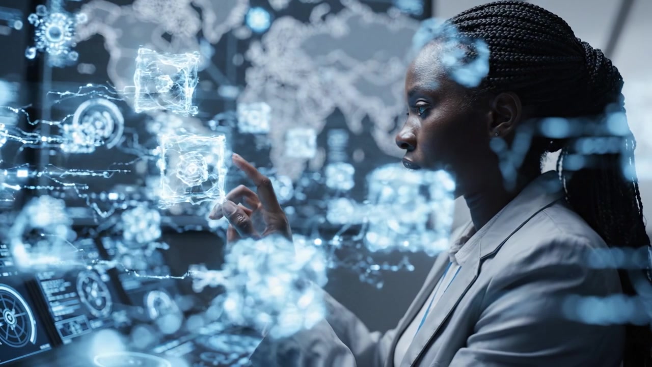 Dedicated professional analyzing complex data visualizations in a high-tech environment, showcasing advanced technology and interactive digital interfaces.