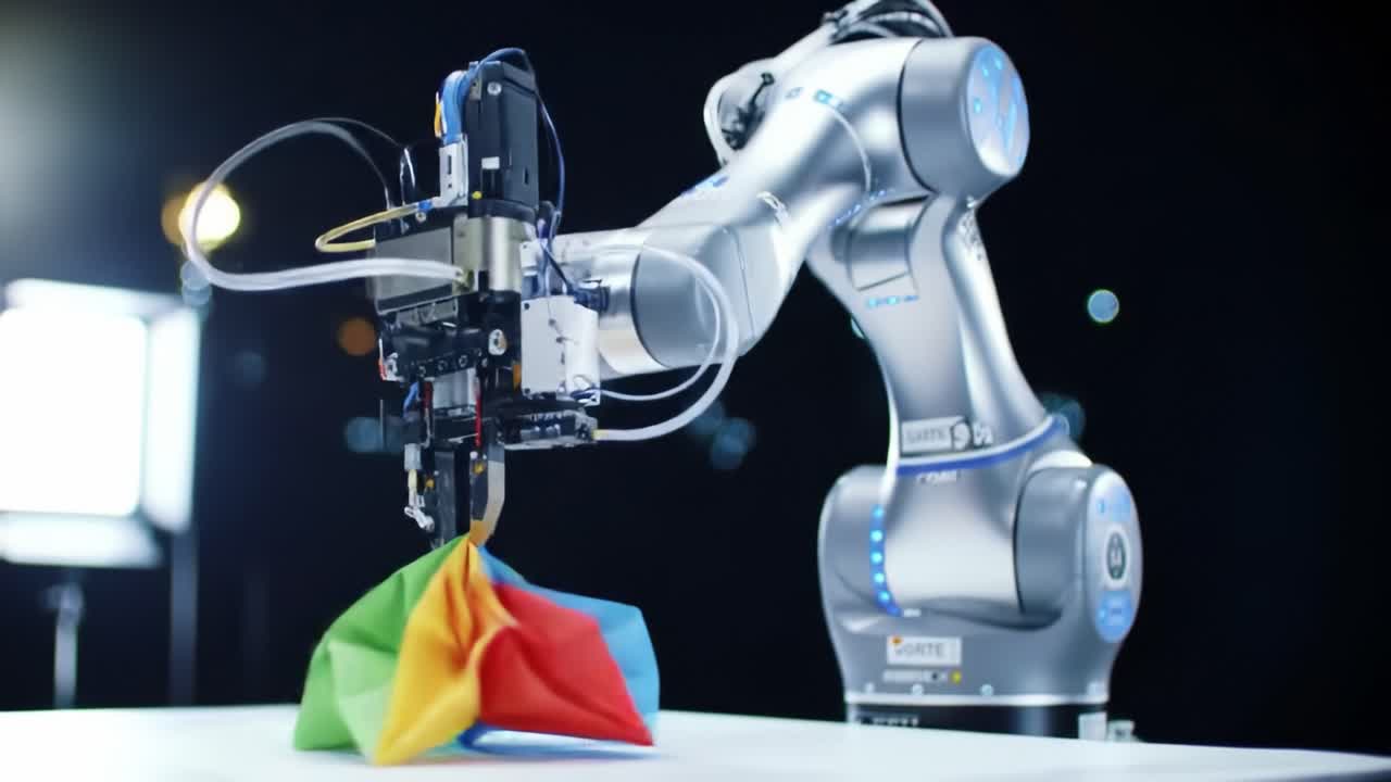 A robotic arm carefully folds colorful paper into elaborate origami shapes in a modern workspace at night. Highlighting precision and innovation, this demonstration showcases advanced automation.