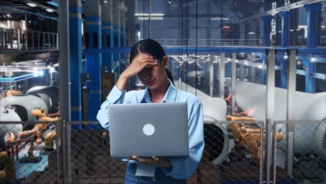 asian female professional worker standing with her laptop at the center of the wind turbine factory, she is nodding her shead with dissapionted