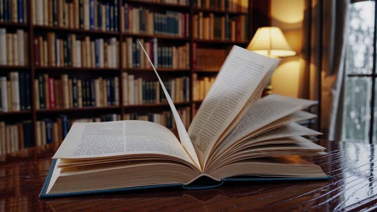 Scena accogliente di una biblioteca con illuminazione calda, che mostra scaffali di libri e una lampada