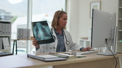 Asian-woman,-doctor-and-checking-x-ray-on-computer