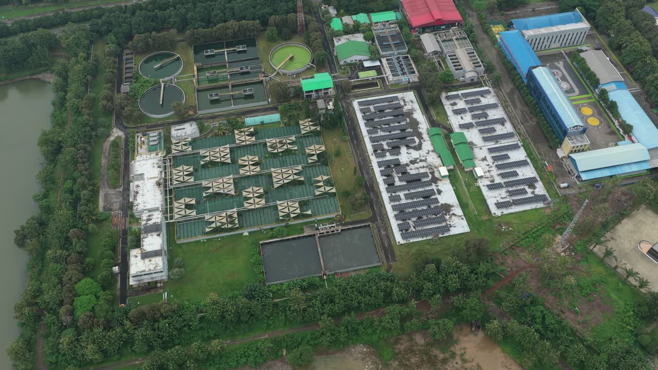 Aerial View of Water Treatment Plant with Solar Panels