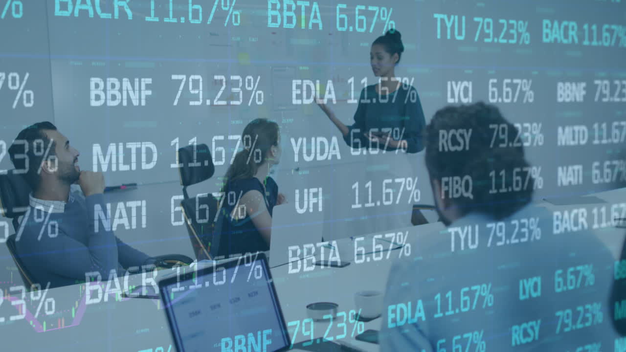 Animation of statistics and data processing over business people wearing phone headsets