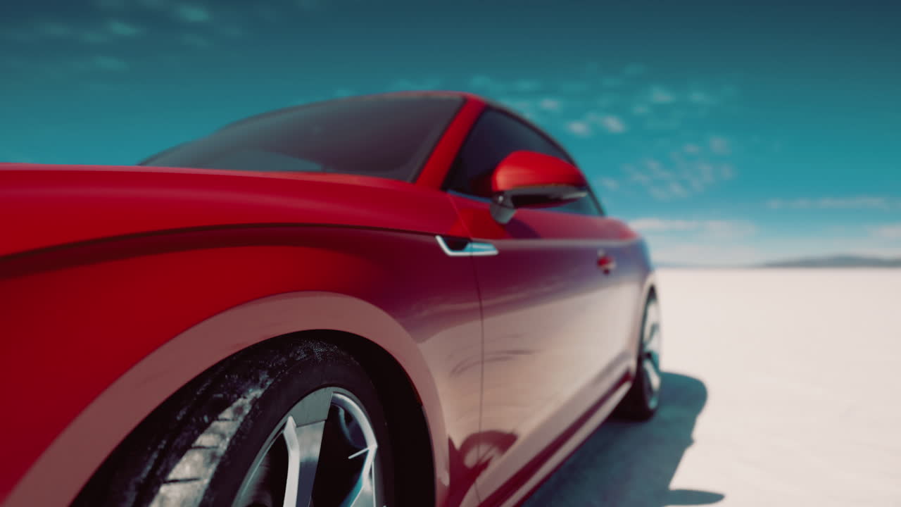 Bright red sports car parked on open salt flats under clear blue sky