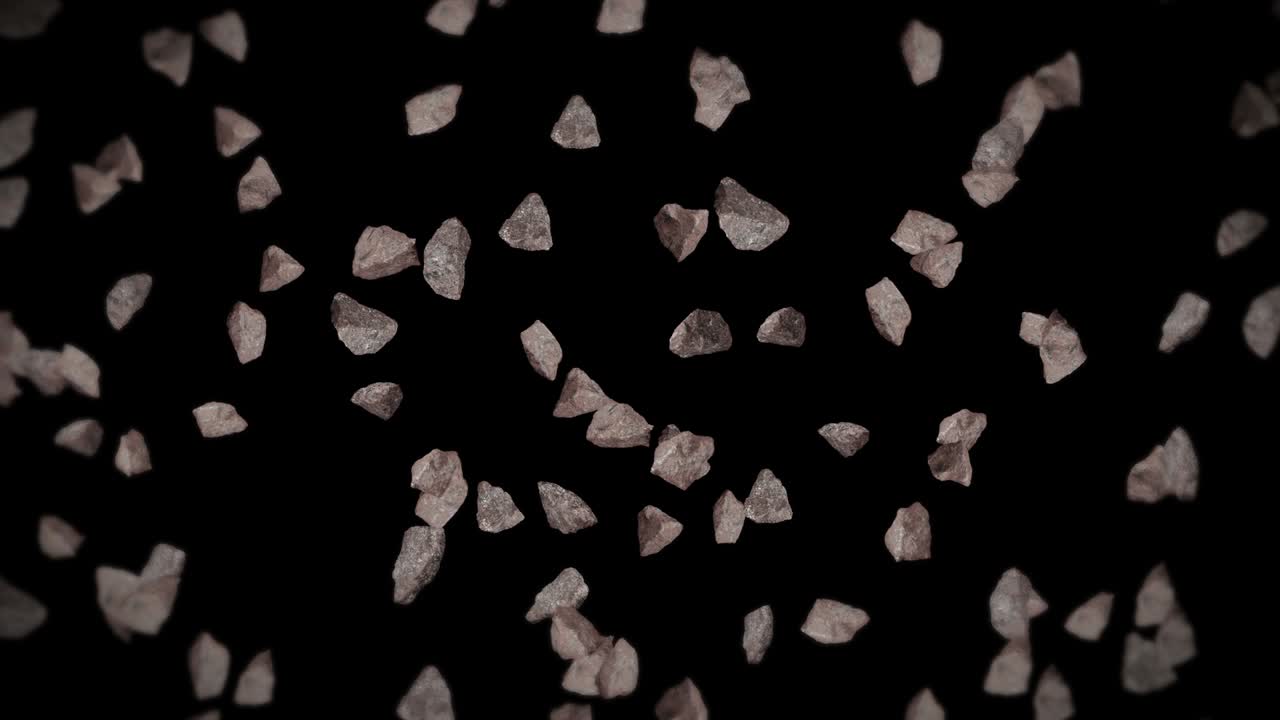 검은 바탕에 많은 바위 돌을 날아. 깨진 스플래시 폭발. 도전 개념. 돌 스플래쉬 회전의 3d 애니메이션. 루프 애니메이션.