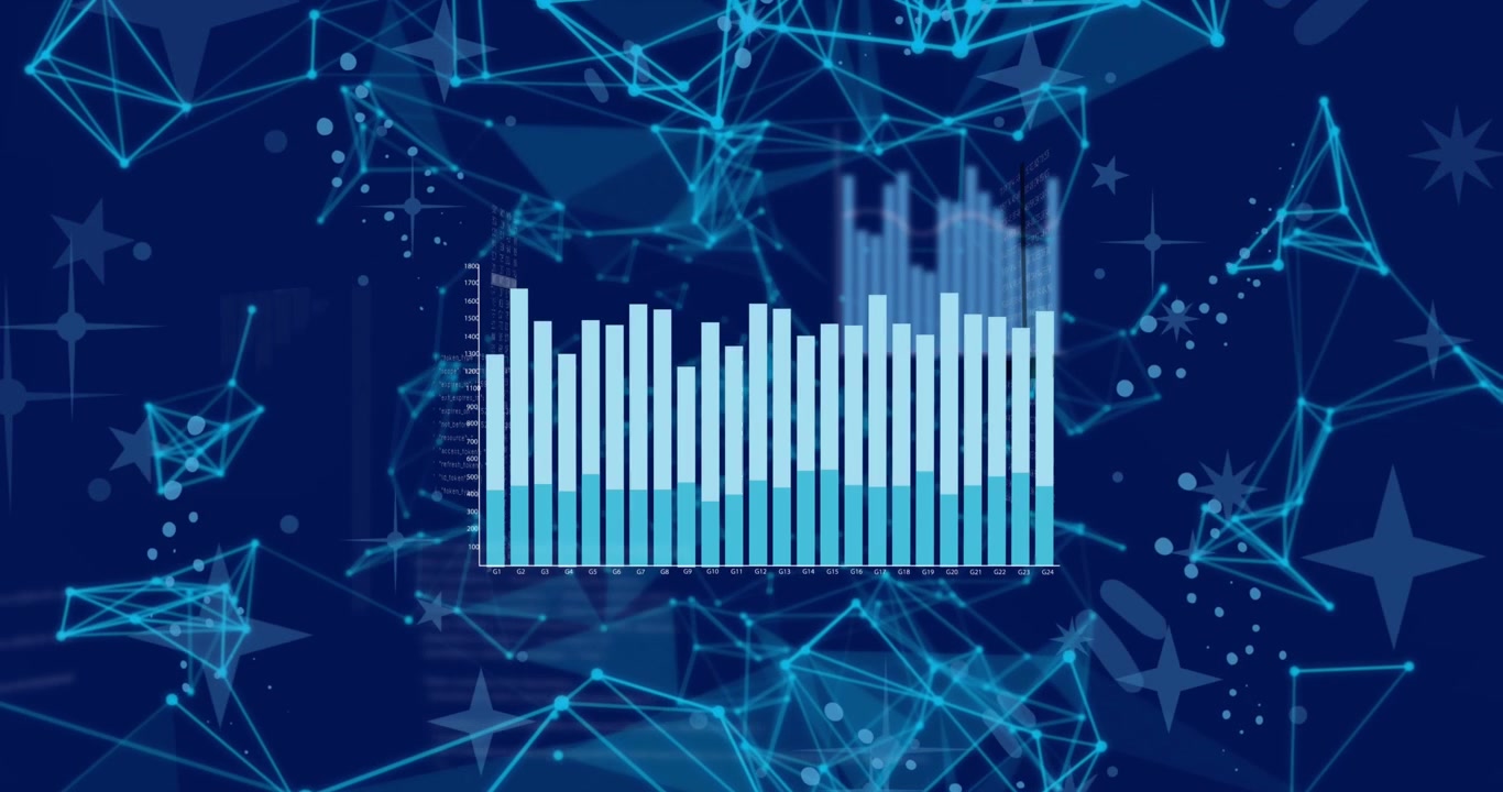 Animation of graph and data processing over networks of connections on dark blue background