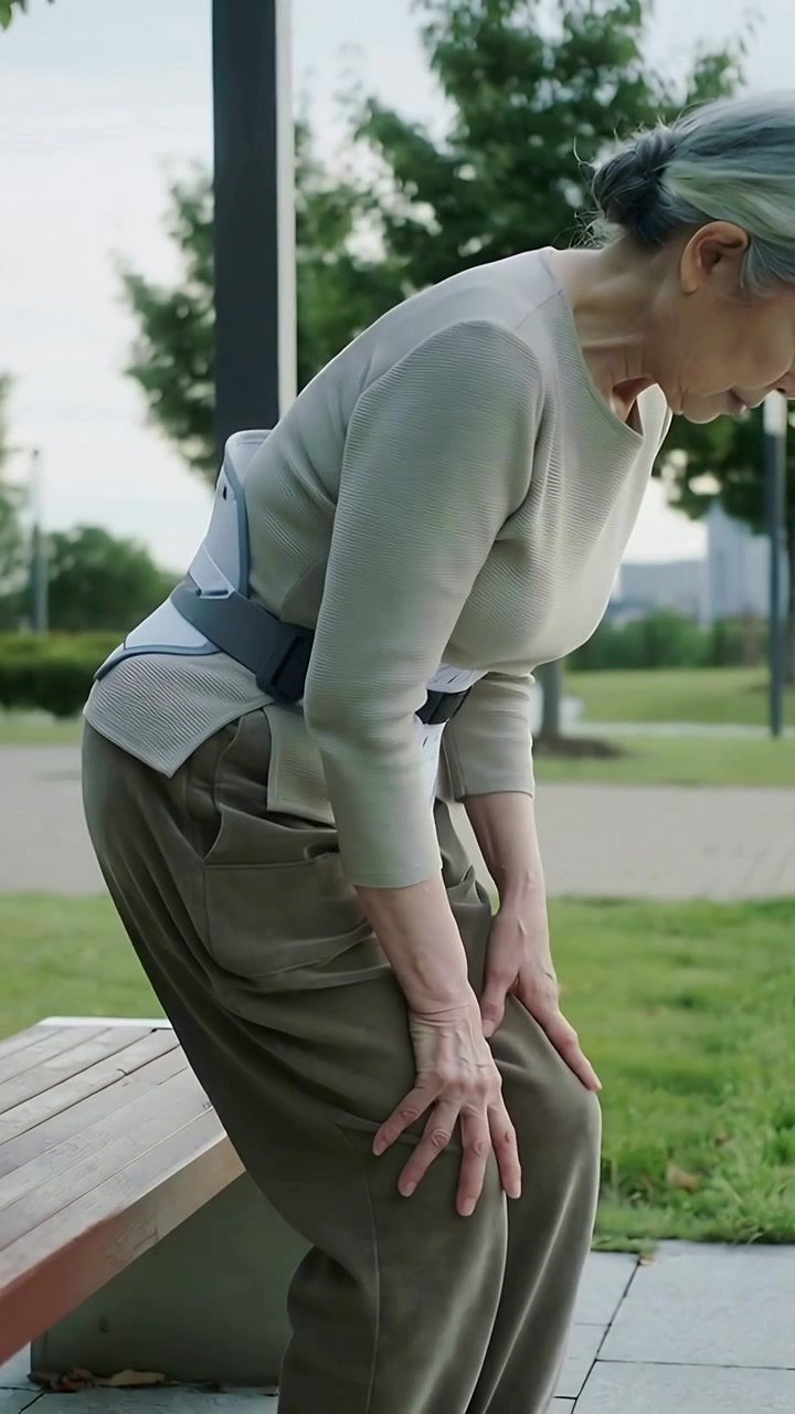 Vertical video: Leaning, woman wearing brace steadying on park bench and knees, preparing to rise