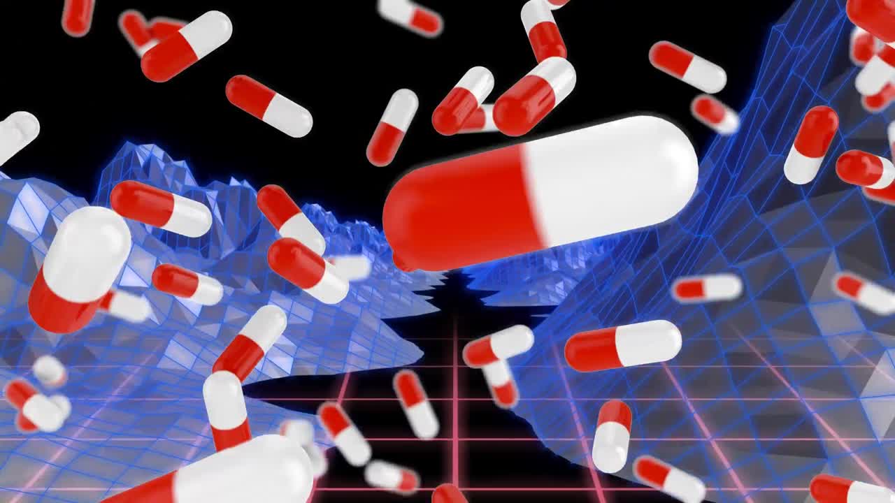 메타버스 풍경 위에 떨어지는 빨간색과  ⁇ 색 알약의 애니메이션