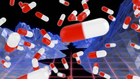 animation of red and white pills falling over metaverse landscape