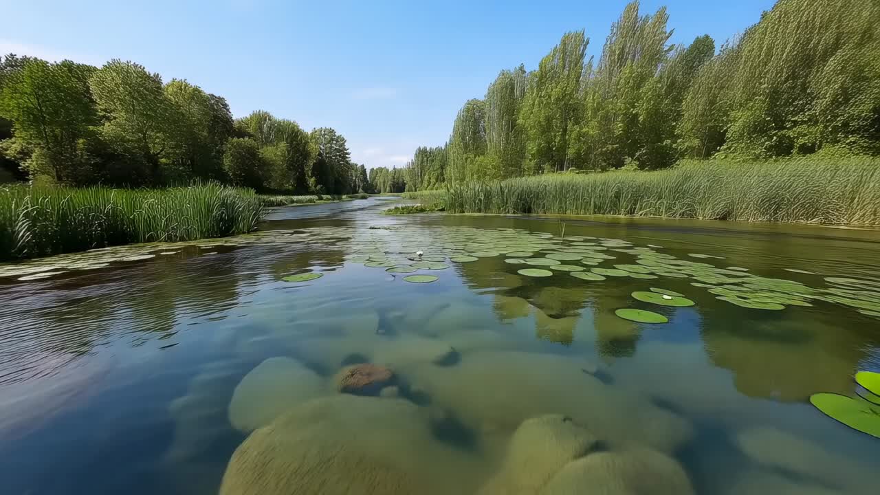 Glidende kamera afslører klynge af åkander, der bevæger sig frem i en skovpark, med fokus på blomsterne