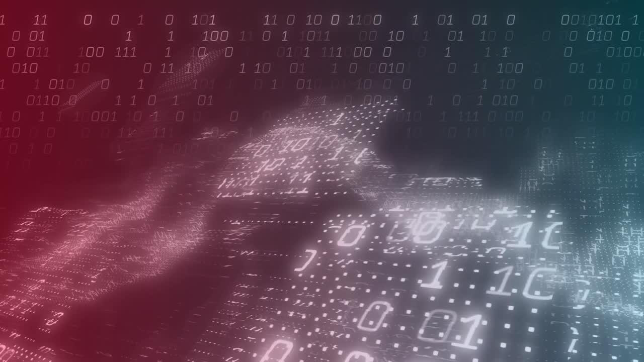 animación de ondas y código binario sobre fondo rojo y azul