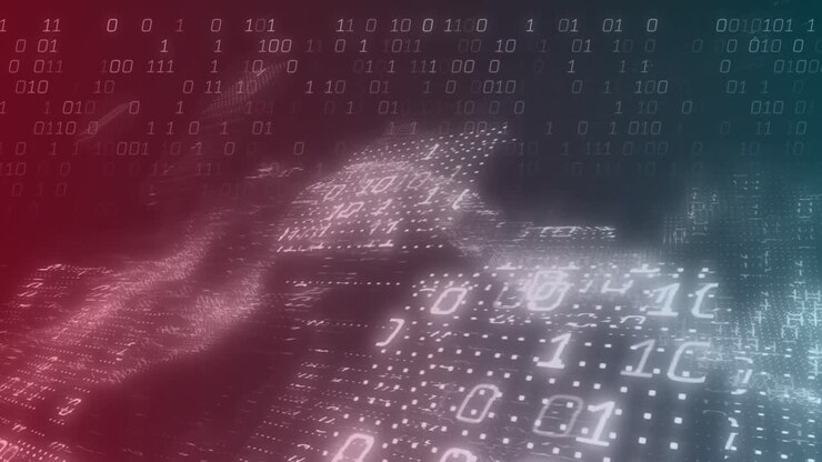 Animation of waves and binary code over red and blue background