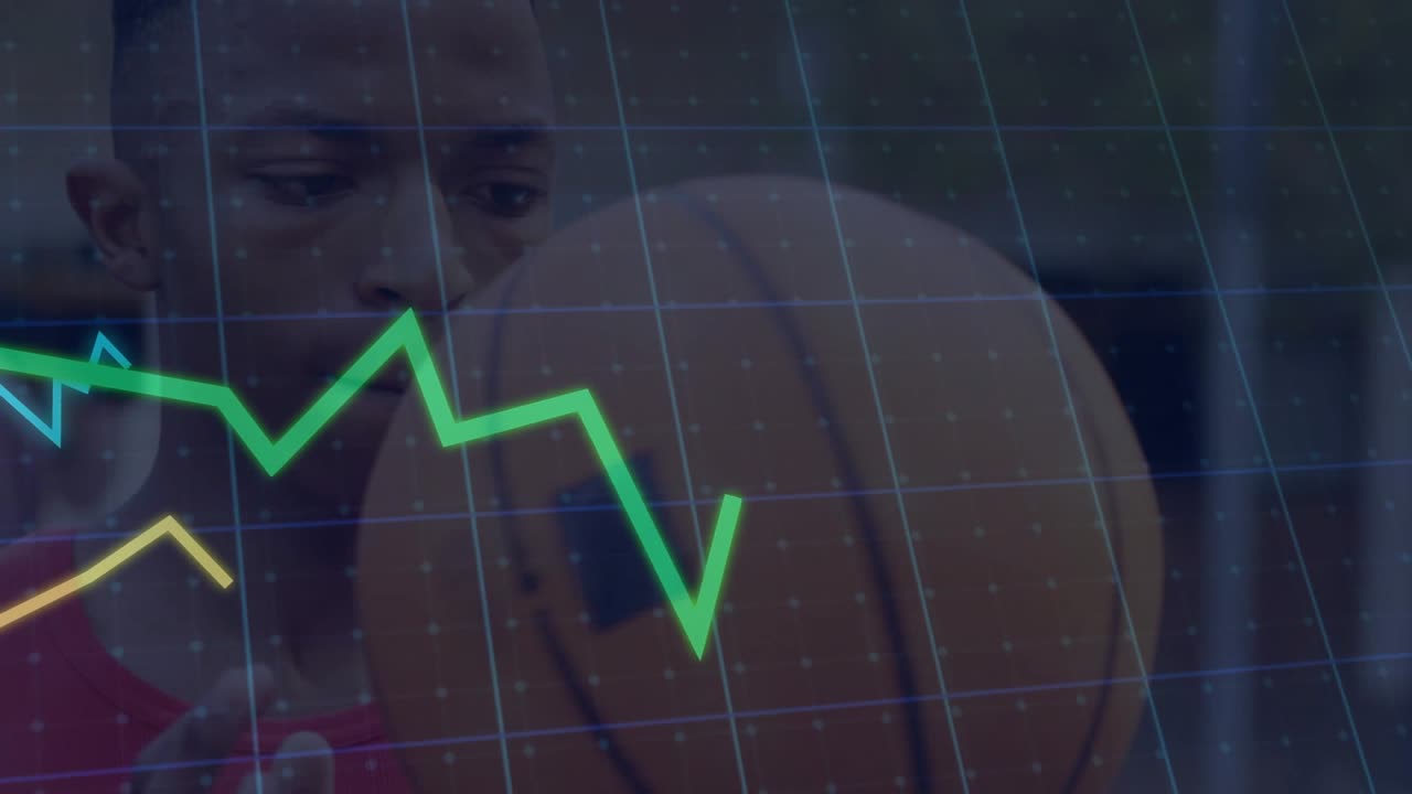 Player in red timing incoming basketball, adjusting hands, controlling spin, analytics responding