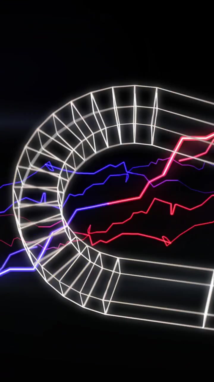 Animation of magnet icon with lightning over light trails on black background