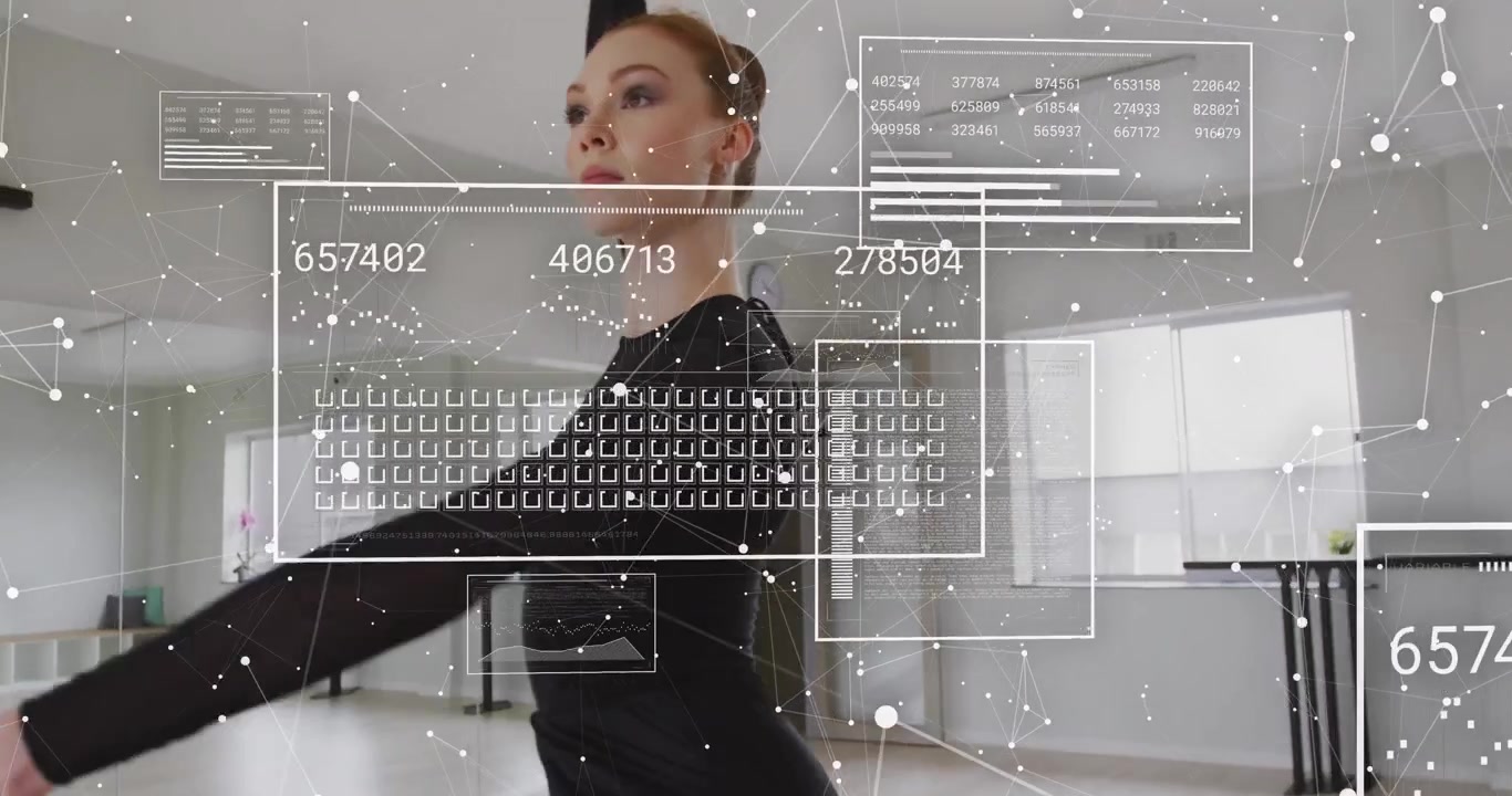 Female ballet dancer initiating motion-tracking tech by turning head as grids and charts updating