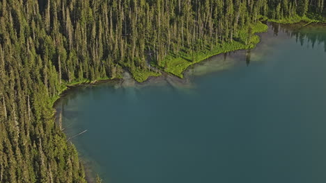 Lower-Joffre-Lake-BC-Canadá-Vista-Aérea-Con-Zoom-V3-De-Pájaro-Captura-Un-Lago-Azul-Turquesa,-Mostrando-La-Belleza-De-La-Naturaleza,-Bosques-De-Pinos-Y-Reflejos-De-Agua-Cristalina---Filmado-Con-Mavic-3-Pro-Cine---Julio-De-2023