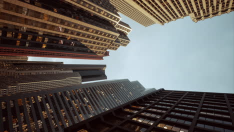 vertical format of looking directly up at the skyline of the financial district