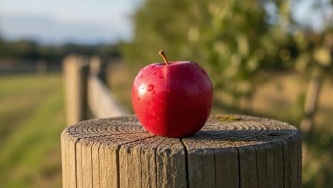 a fresh red apple resting on a weathered wooden post surrounded by nature, capturing the essence of simplicity and organic beauty in a scenic outdoor setting