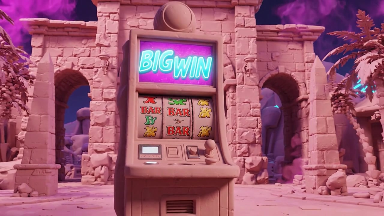 A captivating glimpse into a magical realm where a slot machine awaits, surrounded by ancient ruins and vibrant, colorful mystical fog, inviting players to try their luck.