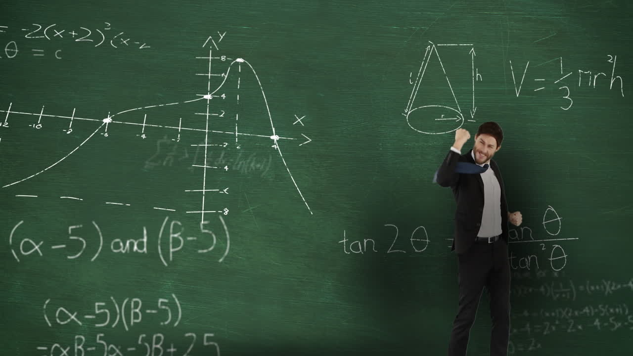 Man in front of moving maths on blackboard